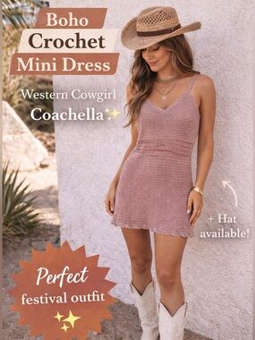 Boho Crochet Mini Dress Tan Coachella Festival Western Cowgirl Cottagecore Large